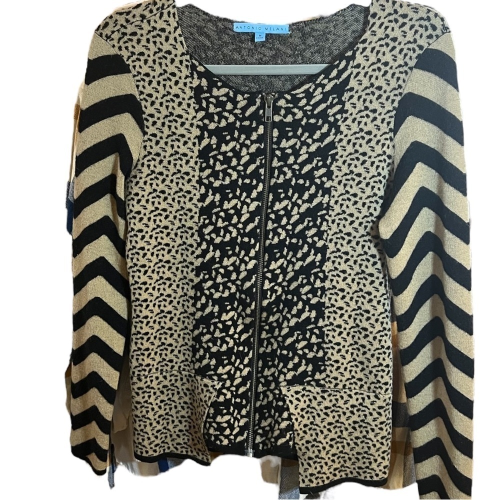 Antonio Melani Round Neck Black & White Zipper Front Closure Cardigan Sw…